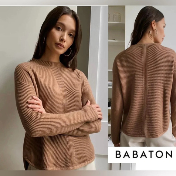 Aritzia Babaton Chalmers Sweater Wool Blend Mock Neck Curved Hem Brown size S - Picture 1 of 8